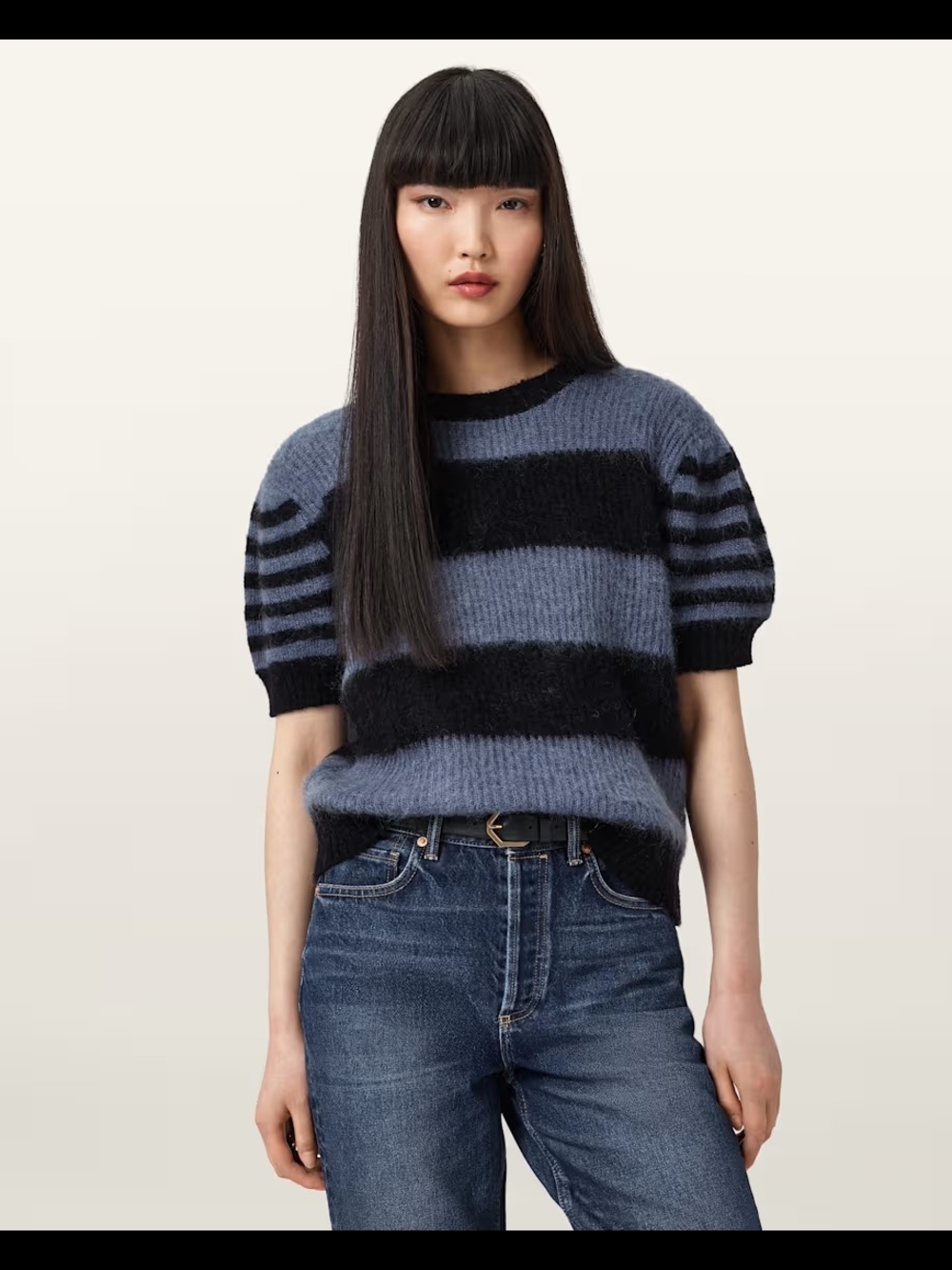 ALL SAINTS Clem Striped Knited Short Sleeve Sweater Black/Blue Size L Org $239